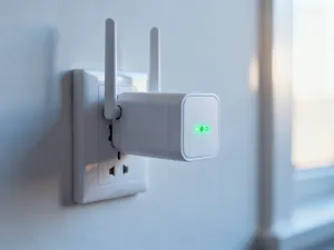 Ekran laptopa z otwartą aplikacją do wideokonferencji na biurku w domowym biurze w świetle poranka.