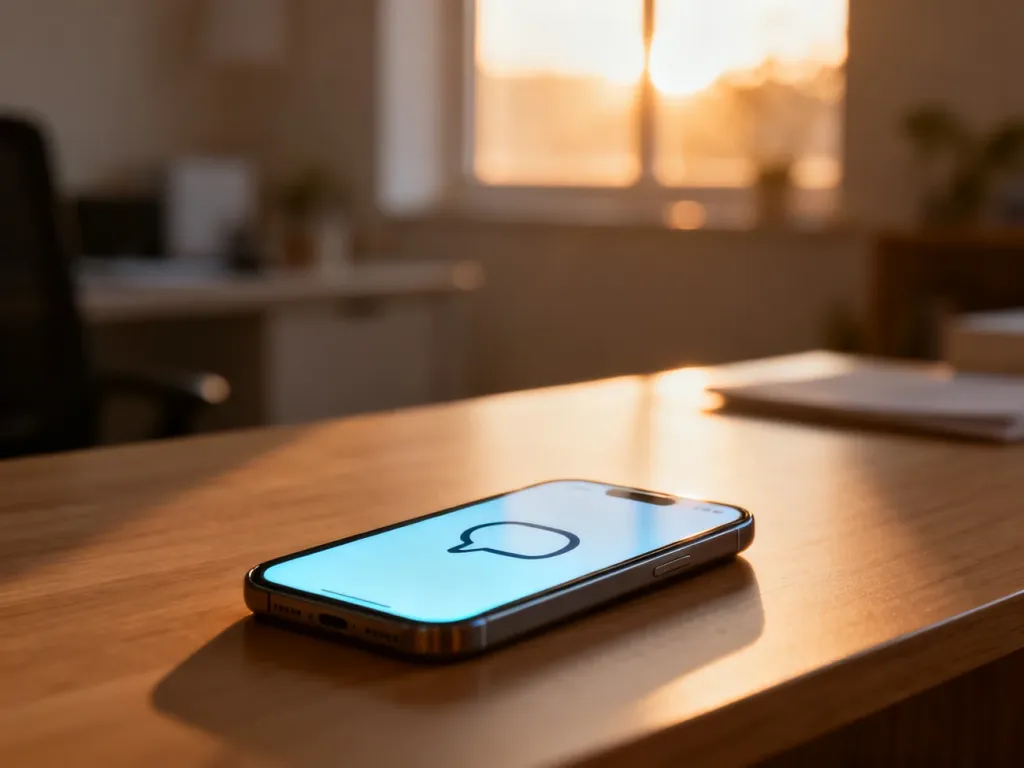 Nowoczesny smartfon z ikoną czatu na ekranie, leżący na drewnianym biurku w domowym biurze.