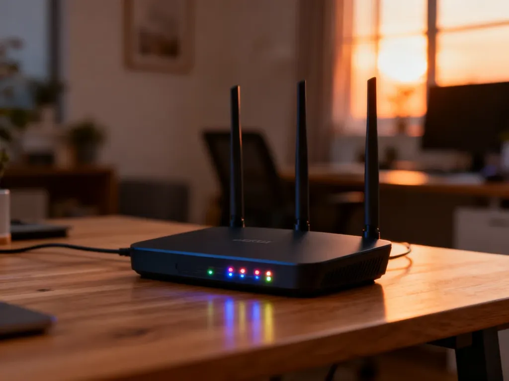 Nowoczesny router bezprzewodowy z świecącymi diodami na drewnianym biurku w przytulnym domowym biurze.