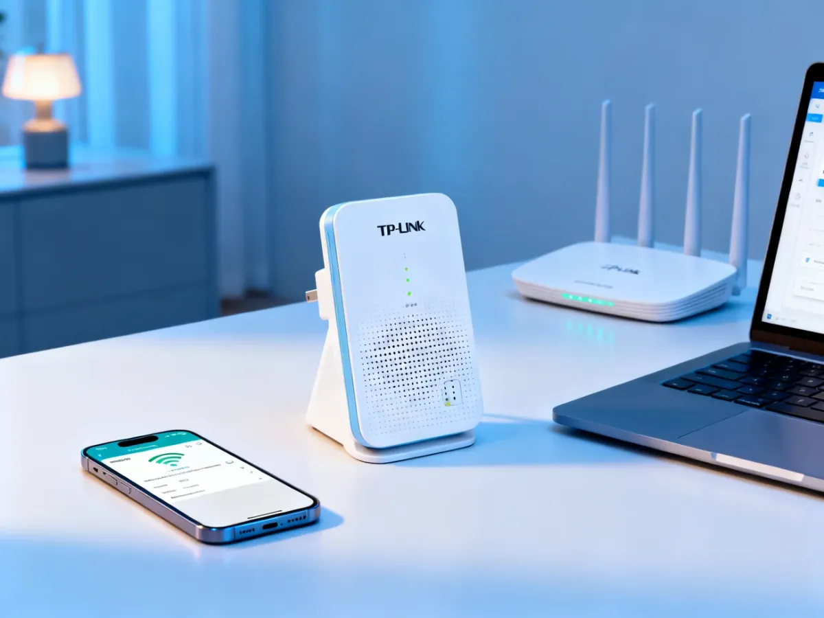 Wzmacniacz Wi-Fi TP-Link podczas konfiguracji przez urządzenie mobilne i komputer
