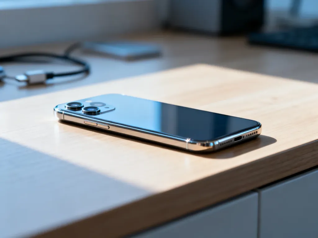 Nowoczesny iPhone 13 leżący na minimalistycznym drewnianym biurku w świetle poranka.