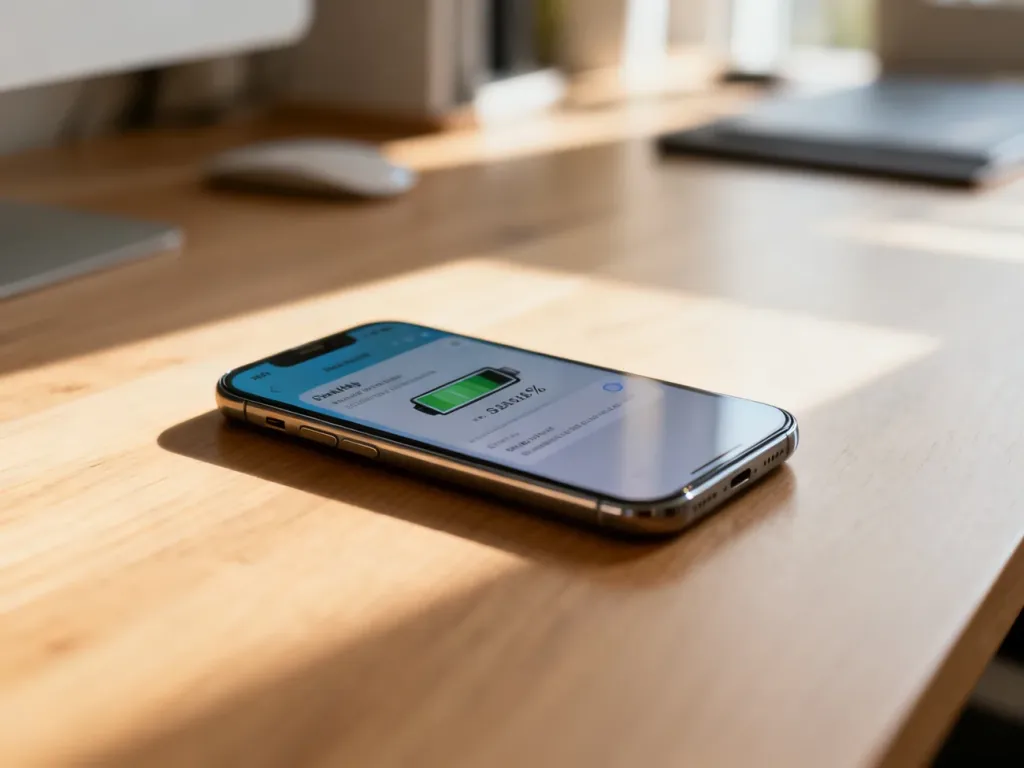 Ekran smartfona z widocznym wskaźnikiem kondycji baterii na minimalistycznym biurku w domowym biurze.