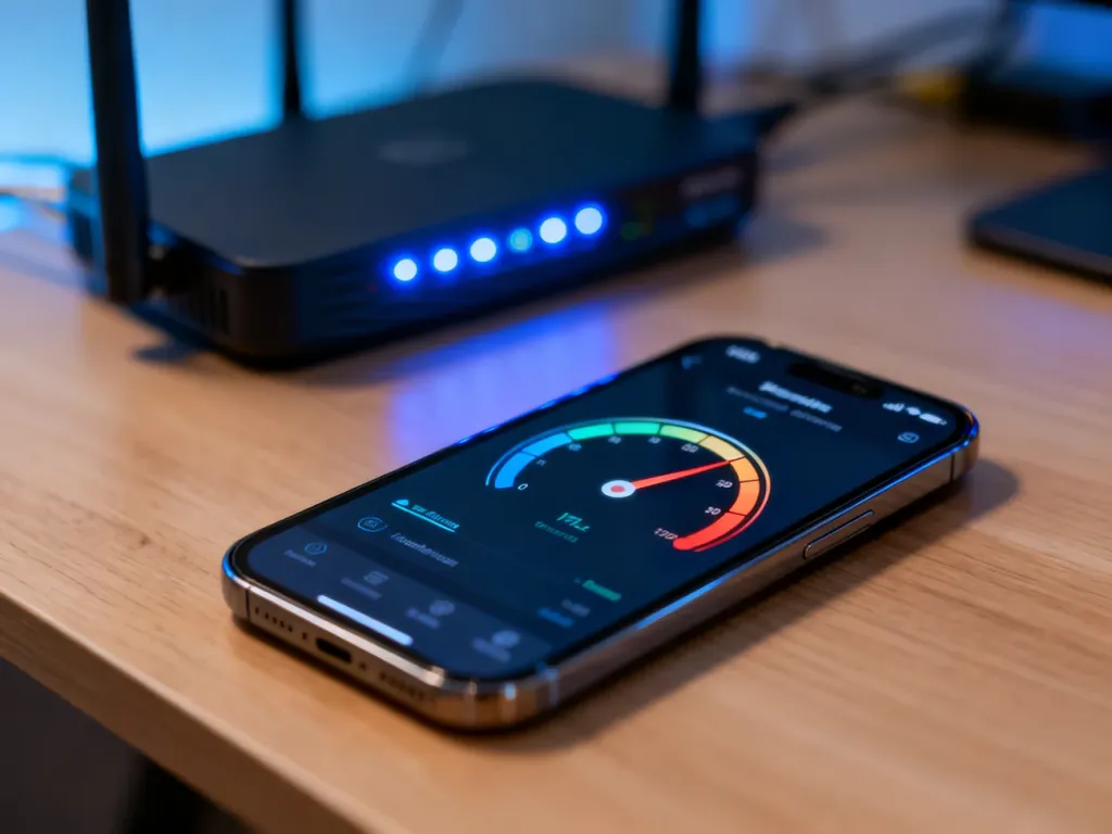 Smartfon na drewnianym biurku z aplikacją do testu prędkości łącza internetowego. W tle rozmyty router światłowodowy.