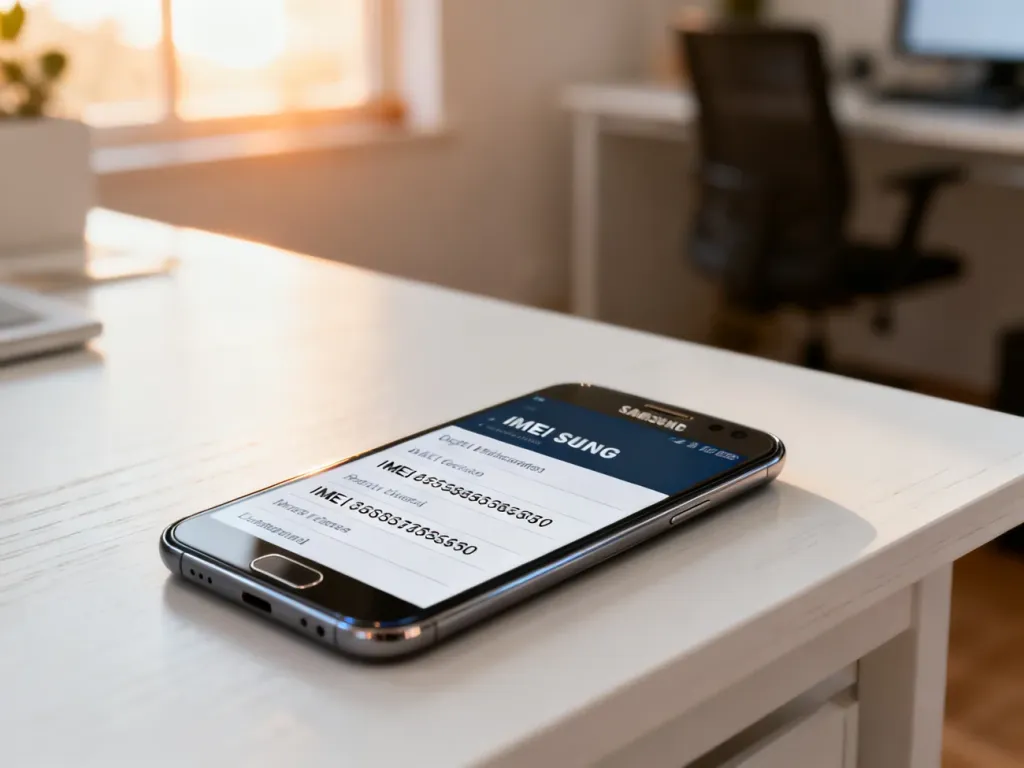 Ekran smartfona Samsung z wyświetlonym numerem IMEI na minimalistycznym biurku w słonecznym biurze.