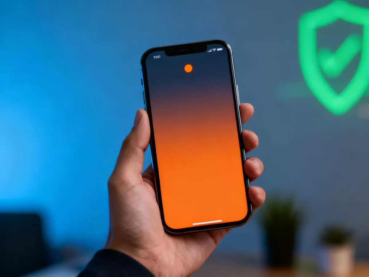 iPhone z pomarańczową kropką prywatności przy górnej krawędzi ekranu