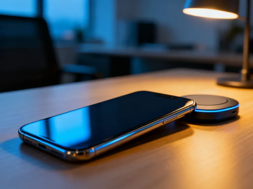 iPhone 15 Pro leżący na drewnianym biurku obok bezprzewodowej ładowarki w wieczornym oświetleniu.