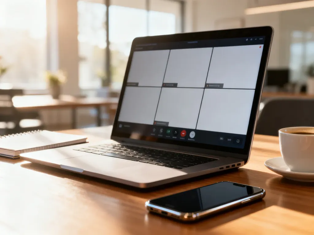 Ekran laptopa z otwartą aplikacją do wideokonferencji na biurku w domowym biurze w świetle poranka.