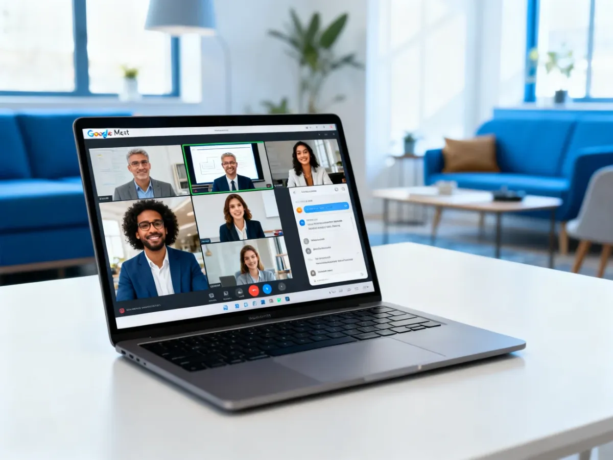 Wideokonferencja online z kilkoma uczestnikami na ekranie laptopa