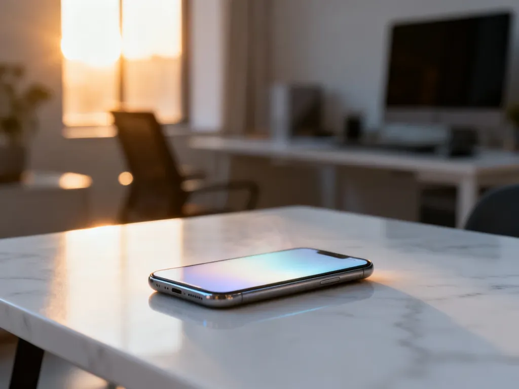 Nowoczesny smartfon iPhone leżący na marmurowym biurku w świetle zachodzącego słońca.