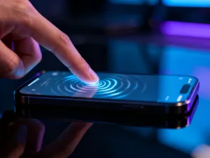 Nowoczesny smartfon z wyświetloną cyfrową falą dźwiękową, symbolizującą aktywną funkcję asystenta głosowego Siri.