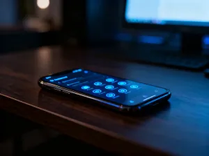 Pomarańczowa kropka w prawym górnym rogu ekranu iPhone'a, sygnalizująca użycie mikrofonu przez aplikację.