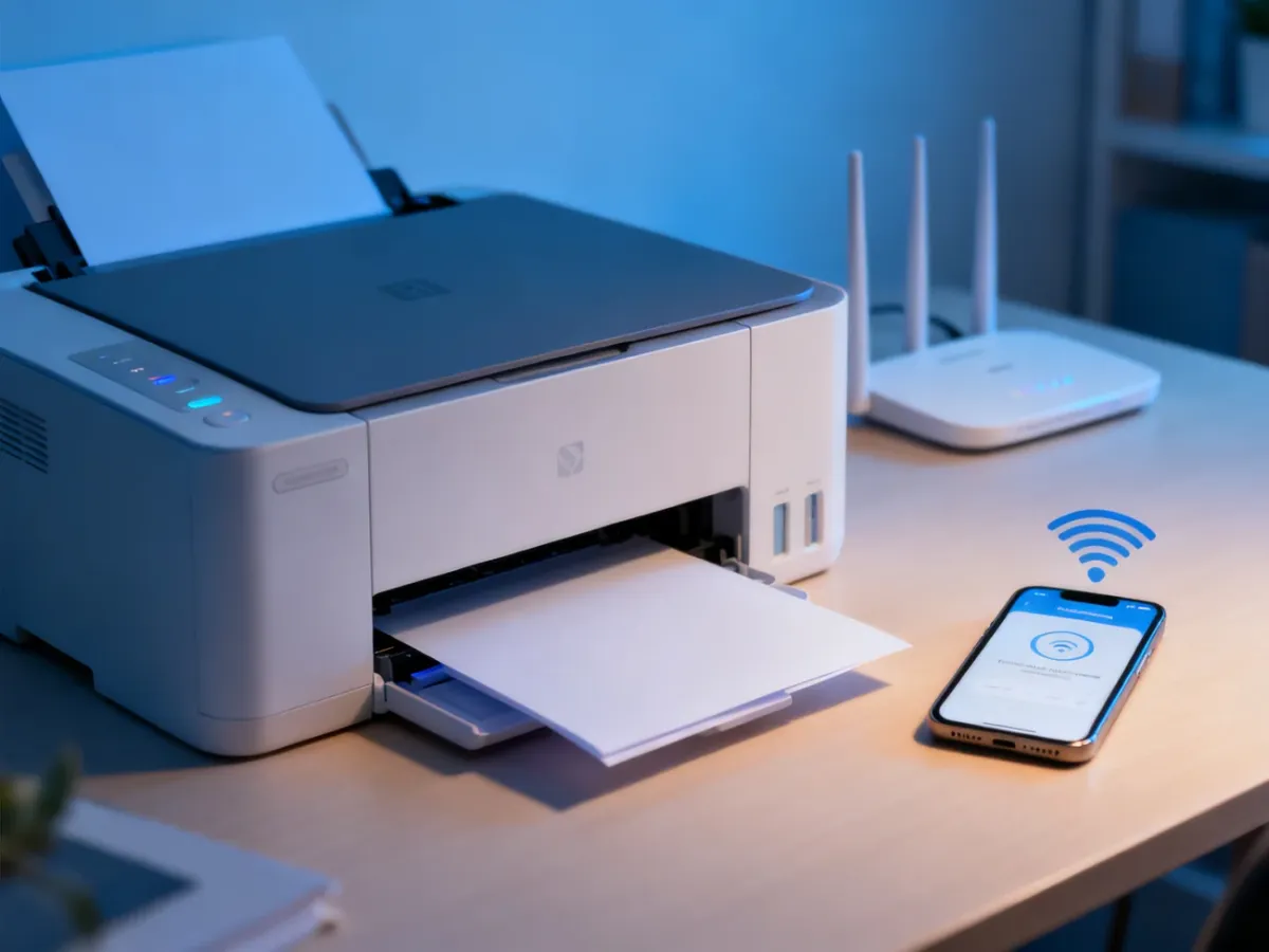 Drukarka konfigurowana bezprzewodowo za pomocą smartfona obok routera