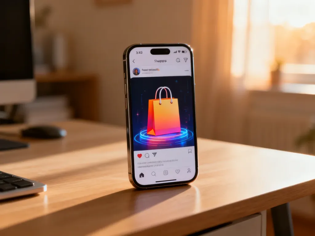 Nowoczesny smartfon z ikoną zakupów na ekranie, symbolizujący dostęp do Facebook Marketplace w domowym biurze.