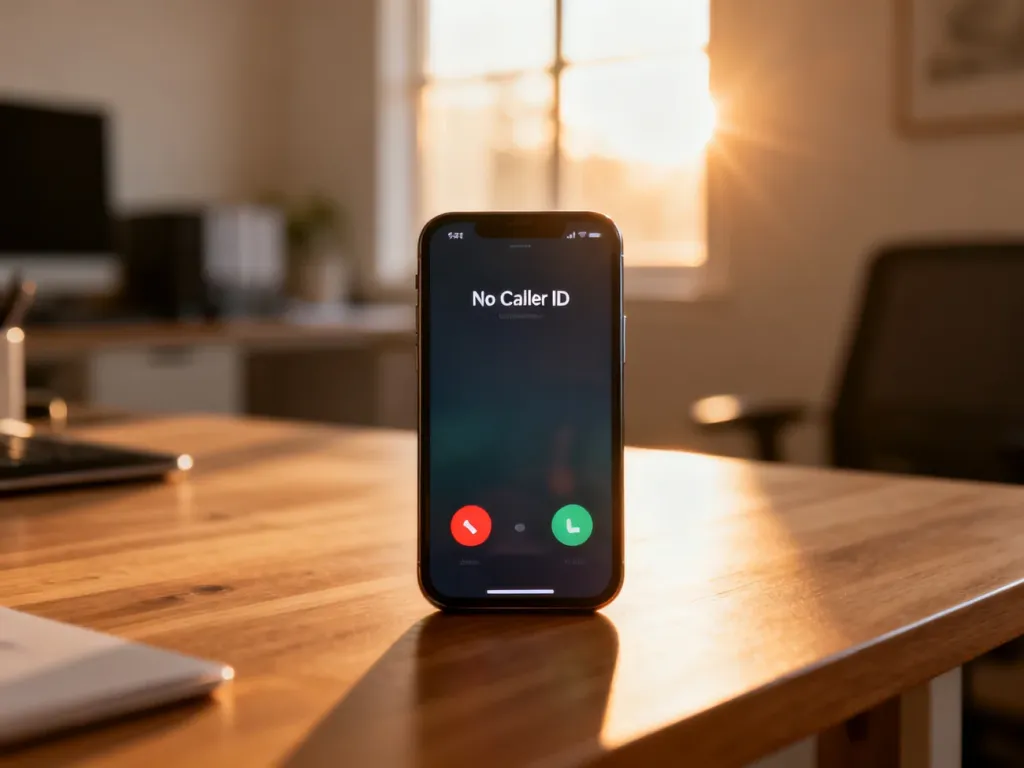 Ekran iPhone'a z powiadomieniem o połączeniu przychodzącym z zastrzeżonego numeru na drewnianym biurku.