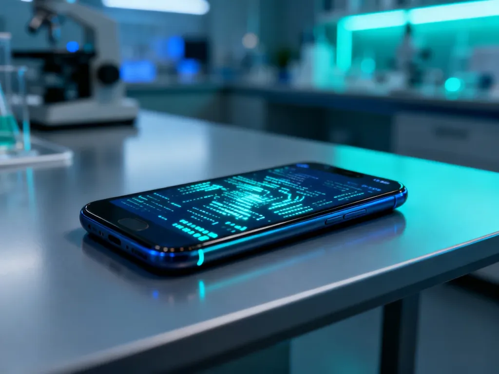 Futurystyczny smartfon z wyświetlaczem prezentującym kod cyfrowy, symbolizujący nowoczesne oprogramowanie Android.