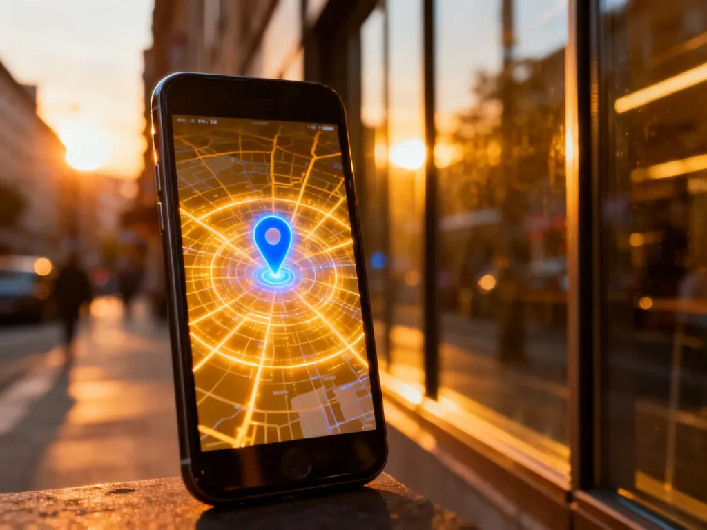 Ekran smartfona z otwartą aplikacją Mapy Google i niebieskim punktem wskazującym aktualną lokalizację użytkownika.