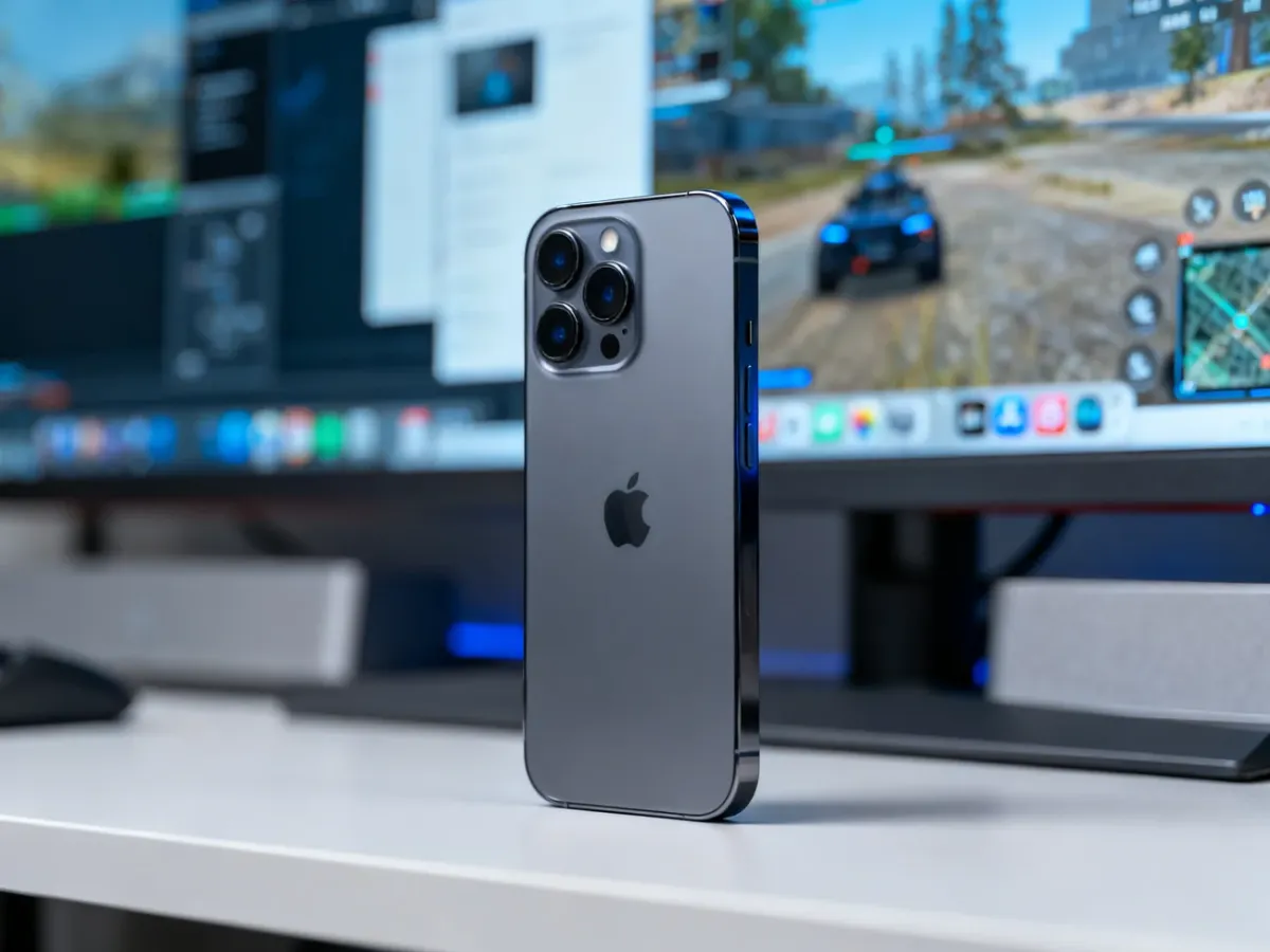 iPhone 13 Pro na biurku podczas płynnego korzystania z aplikacji i gier