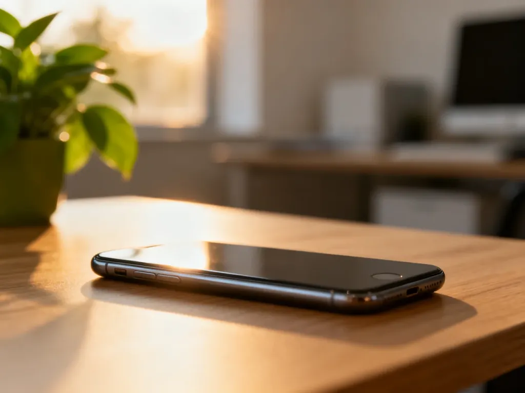 Nowoczesny smartfon leżący na drewnianym biurku w świetle poranka, symbolizujący codzienne korzystanie z urządzenia.