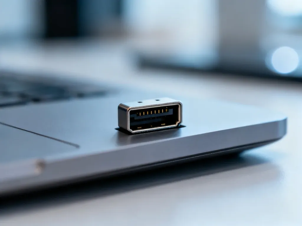 Zbliżenie na standardowy port USB-A w obudowie nowoczesnego laptopa z widocznymi stykami wewnątrz złącza.
