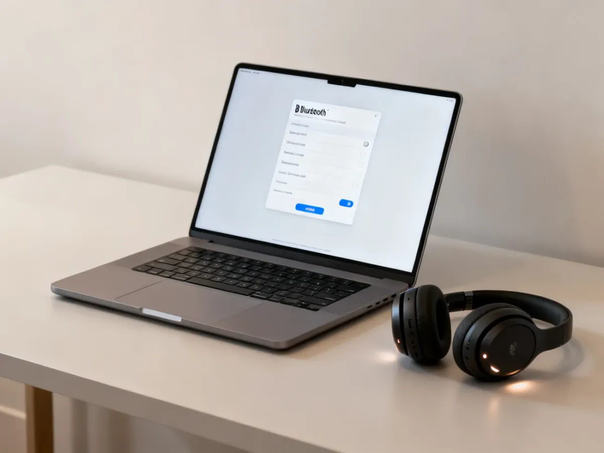 Laptop z otwartymi ustawieniami Bluetooth i słuchawki bezprzewodowe