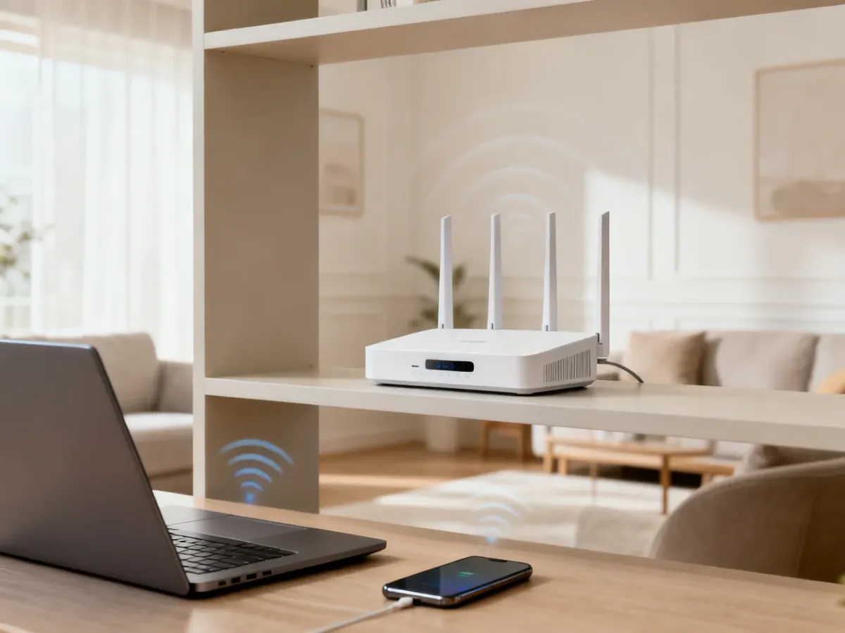 Router Wi-Fi ustawiony centralnie w domu i rozsyłający sygnał do urządzeń