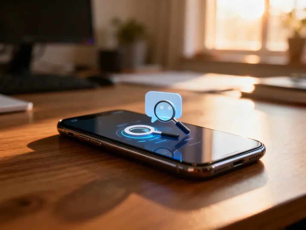 Nowoczesny smartfon na biurku z ikoną wyszukiwania i dymkiem czatu na ekranie, symbolizujący proces odzyskiwania wiadomości.