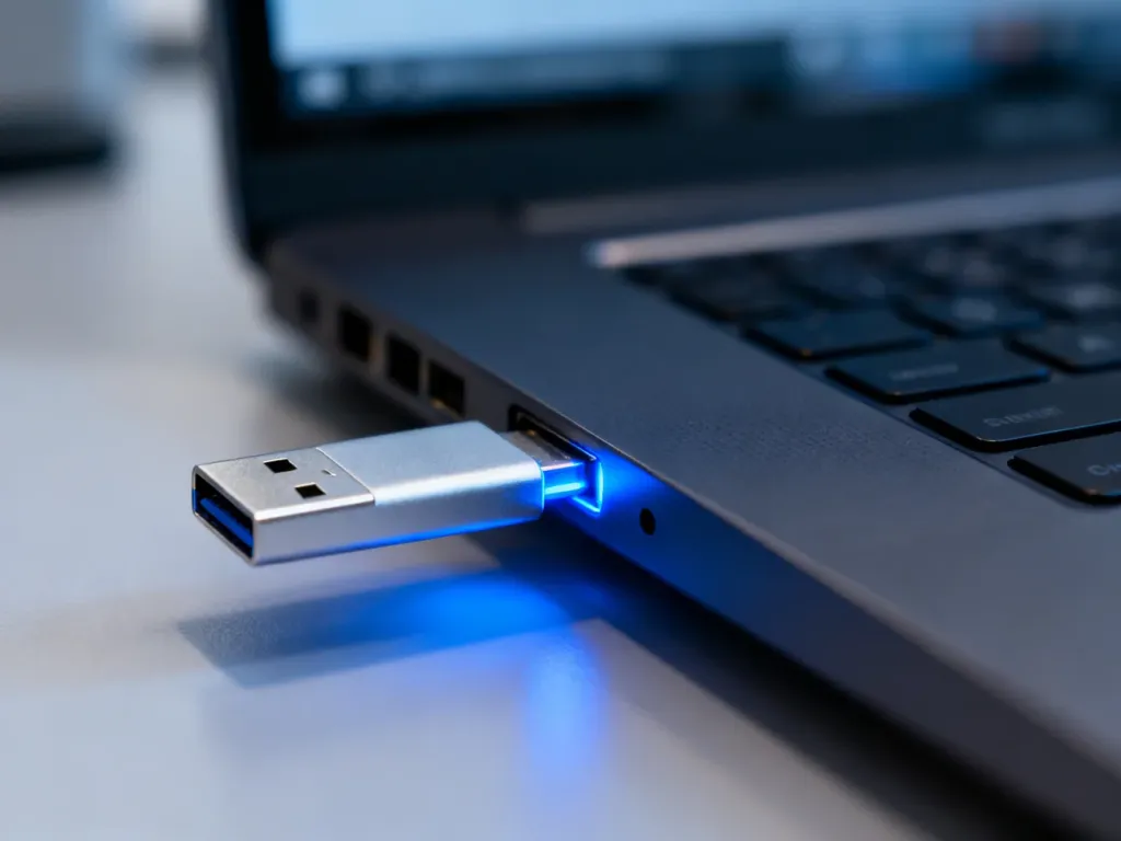 Srebrny pendrive wpięty do portu USB komputera z delikatnym niebieskim podświetleniem.