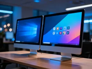 Nowoczesny smartfon z wyraźnym, kolorowym wyświetlaczem na minimalistycznym drewnianym biurku w świetle poranka.