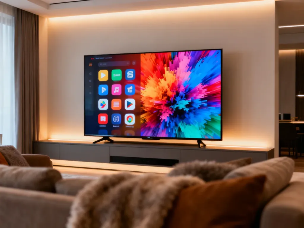 Nowoczesny telewizor z interfejsem aplikacji Google TV w przytulnym salonie.