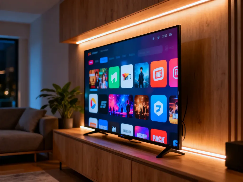 Nowoczesny salon z telewizorem typu smart TV, na którego ekranie widoczny jest interfejs z aplikacjami streamingowymi.