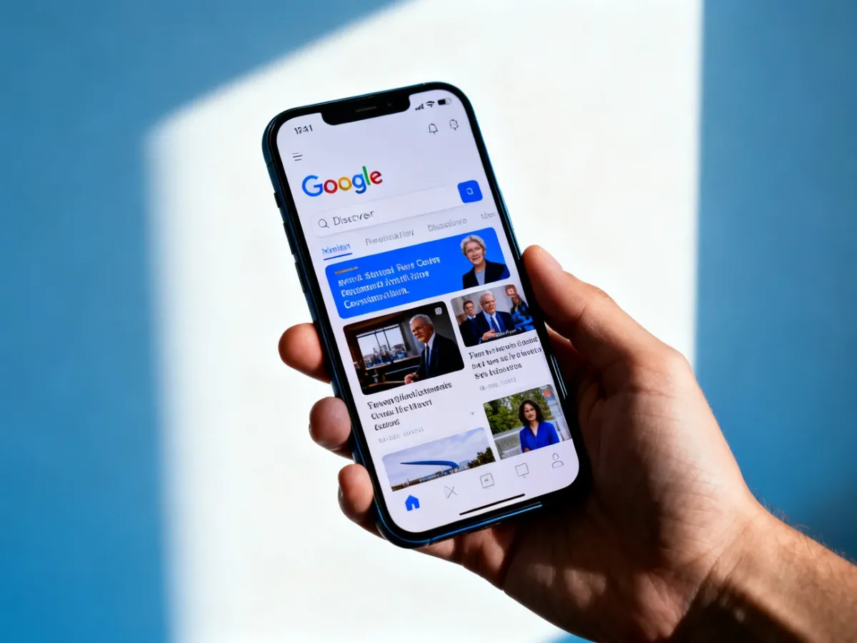 Smartfon z otwartym kanałem Google Discover i spersonalizowanymi kartami treści