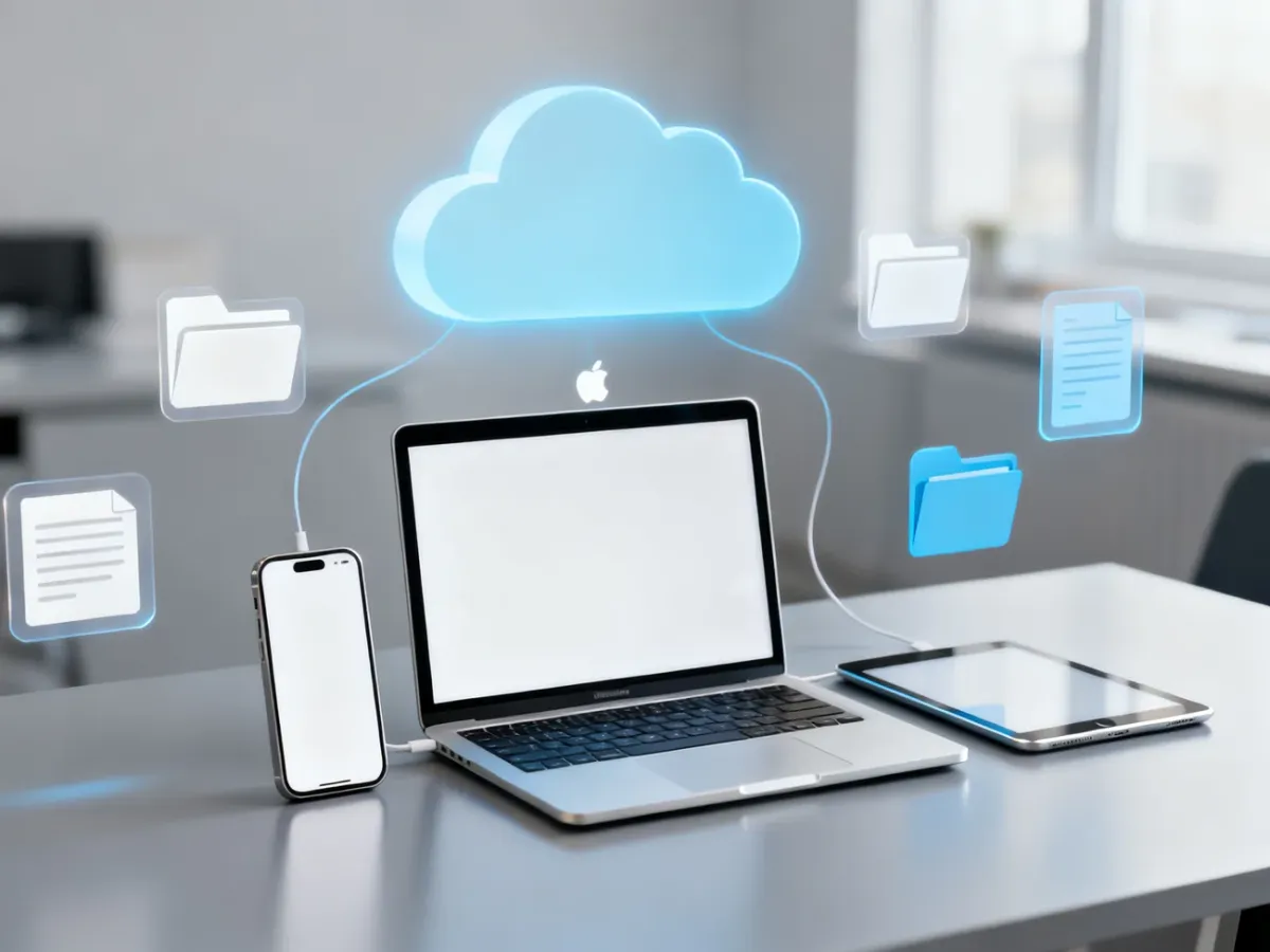MacBook, iPhone i iPad symbolizujące synchronizację plików w chmurze