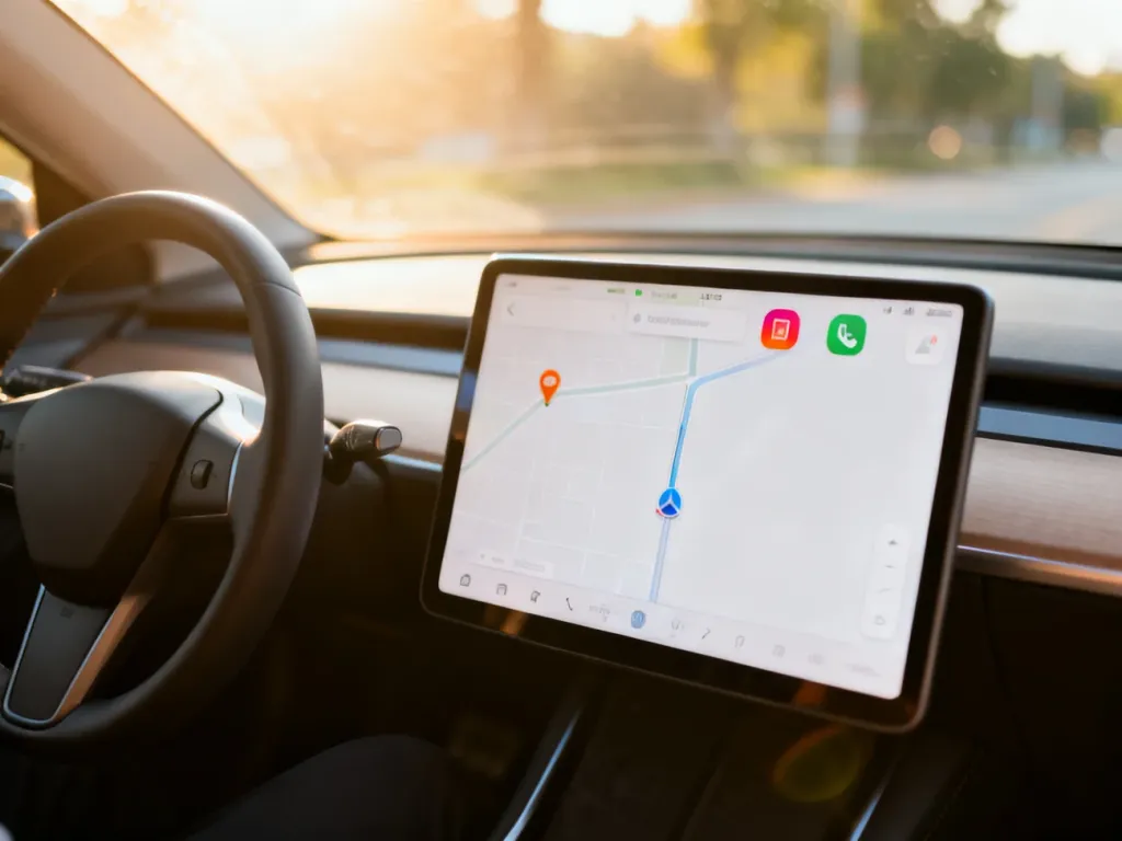 Nowoczesny ekran dotykowy w samochodzie z wyświetloną mapą nawigacji, prezentujący interfejs systemu Android Auto.