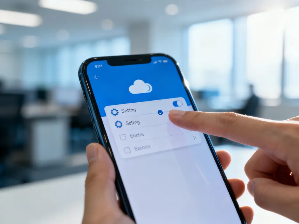 Palec wyłączający ikonę chmury w ustawieniach smartfona, symbolizujący proces dezaktywacji usługi iCloud.