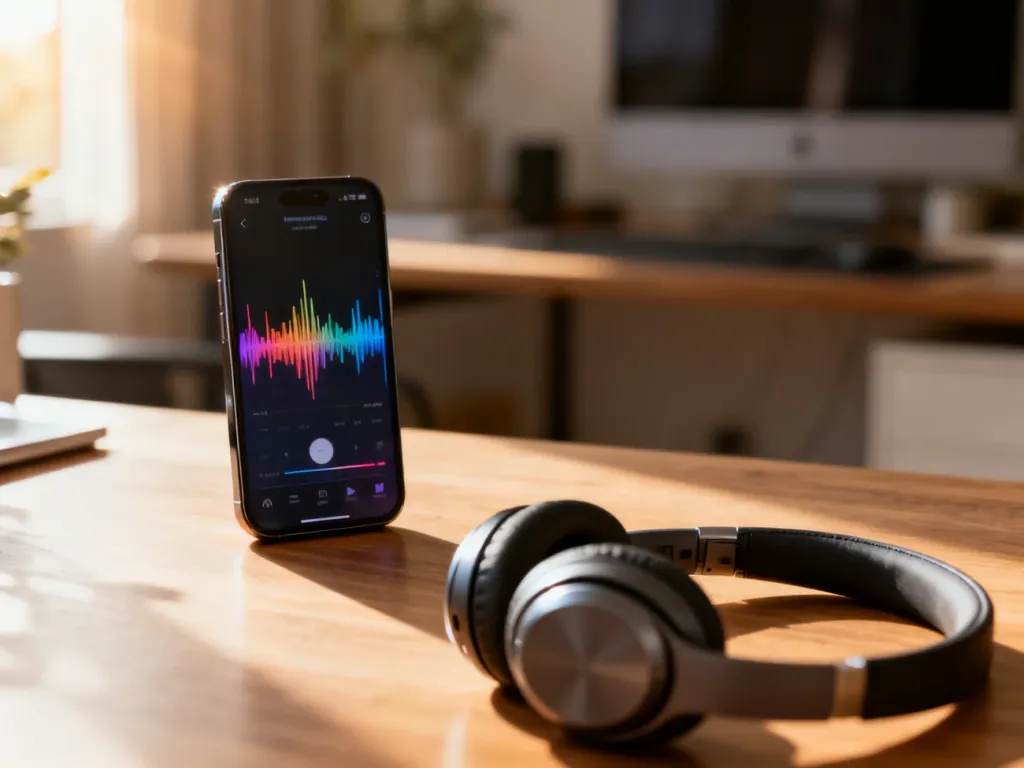 Nowoczesny smartfon z interfejsem muzycznym i słuchawki bezprzewodowe na biurku, symbolizujące wybór serwisu streamingowego.