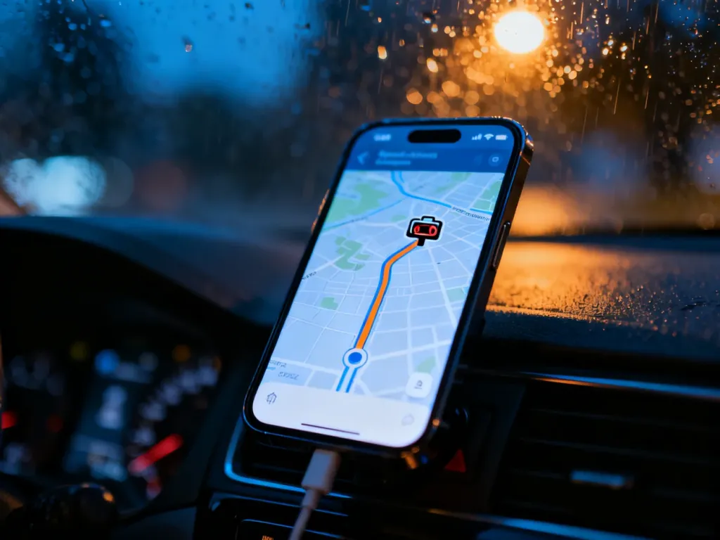 Ekran smartfona z włączoną nawigacją Google Maps, na której widoczna jest ikona fotoradaru podczas jazdy w deszczowy wieczór.