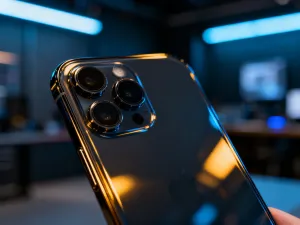 Smartfon na drewnianym biurku z ikoną powiadomienia, symbolizujący sprawdzanie dostępności użytkownika w komunikatorze.