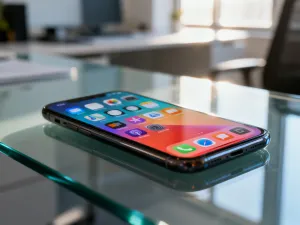 Różne modele nowoczesnych smartfonów ułożone na drewnianym biurku, prezentujące ich design i wykończenie.
