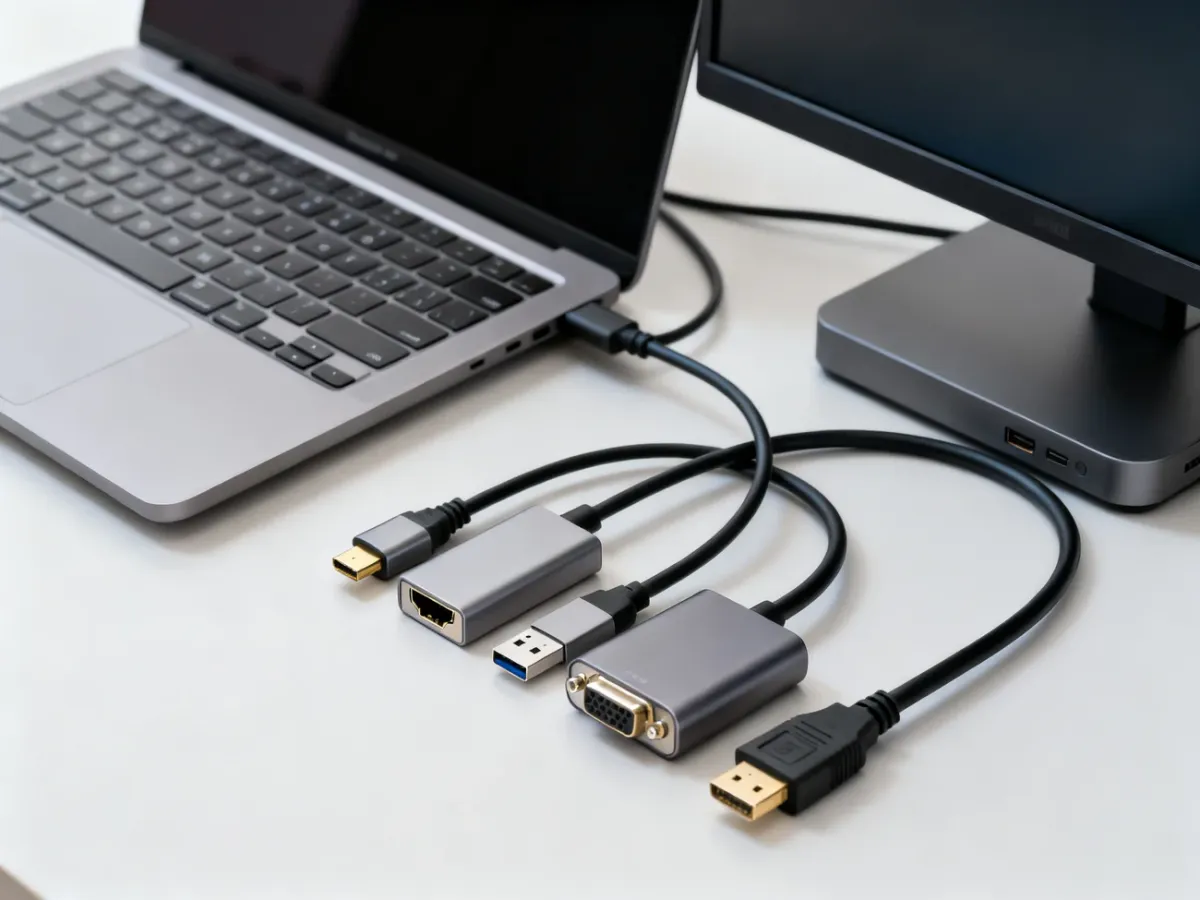 Laptop, monitor, cables and adapters przygotowane do połączenia