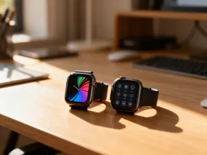 Nowoczesny smartfon z kolorową tapetą systemu iOS 17 leżący na drewnianym biurku w jasnym, domowym biurze.
