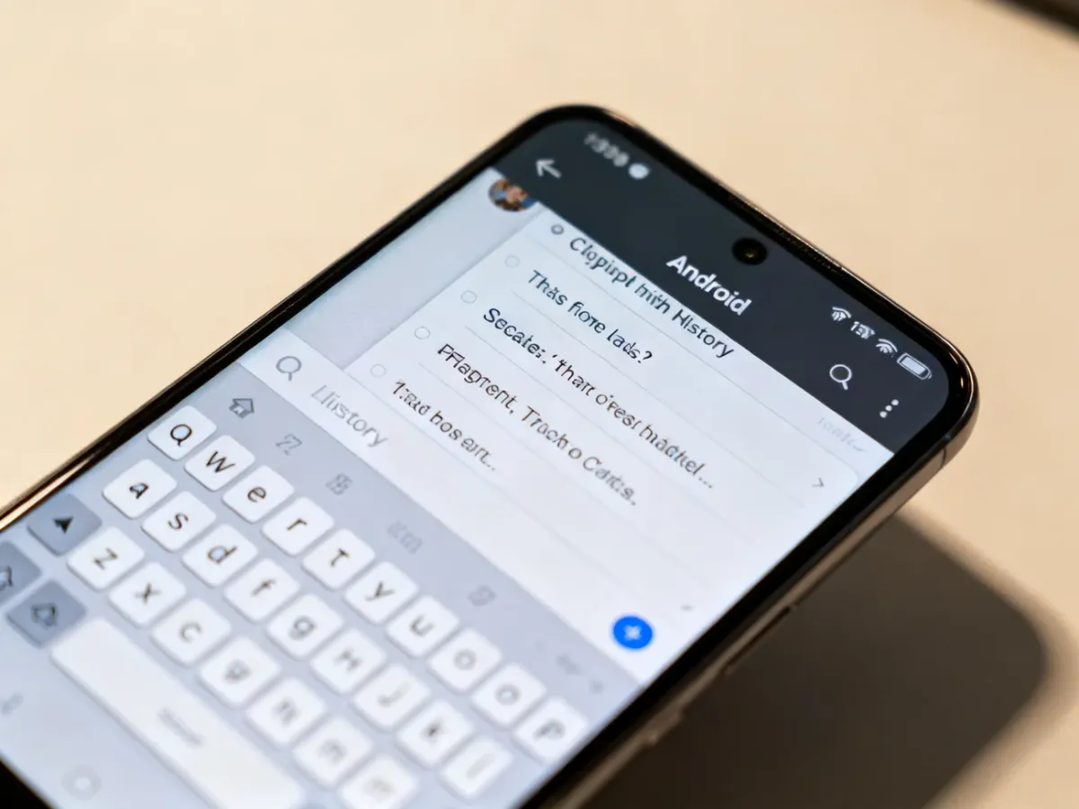Smartfon z Androidem pokazujący historię schowka nad klawiaturą