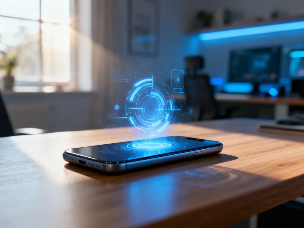 Nowoczesny smartfon z interfejsem systemu operacyjnego leżący na drewnianym biurku w domowym biurze.