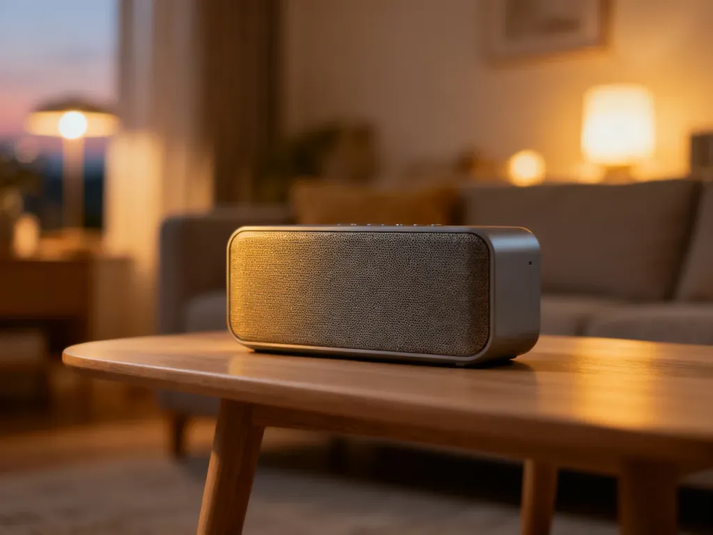Nowoczesny głośnik Bluetooth na drewnianym stole w przytulnym salonie, idealnie prezentujący sprzęt audio w domowym wnętrzu.