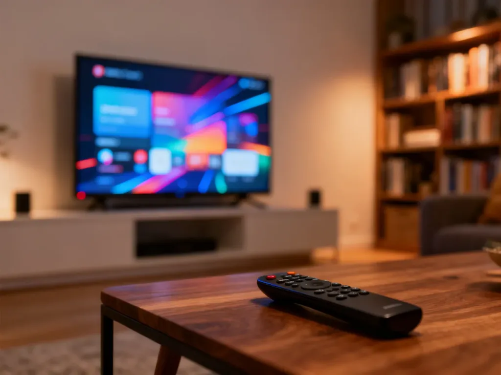 Nowoczesny telewizor z interfejsem smart TV w przytulnym salonie oraz pilot leżący na stoliku kawowym.