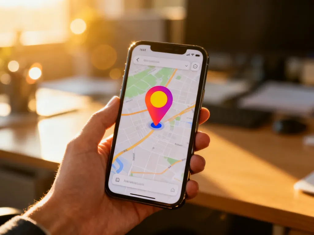 Smartfon z wyświetloną mapą i pinezką lokalizacji, symbolizujący dodawanie firmy do wizytówki Google.