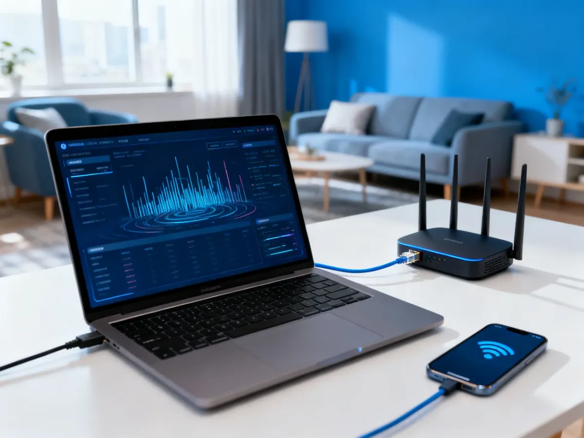 Laptop wykonujący test prędkości połączenia obok routera Wi-Fi