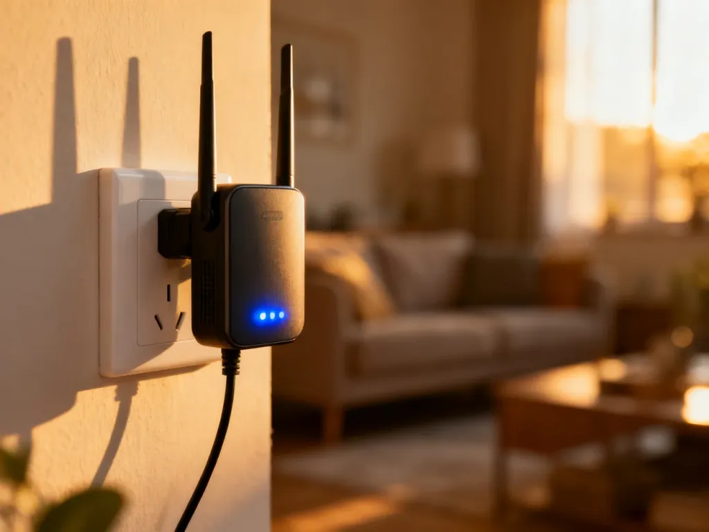 Wzmacniacz sygnału Wi-Fi wpięty do gniazdka elektrycznego z aktywnymi diodami sygnalizującymi zasięg sieci.