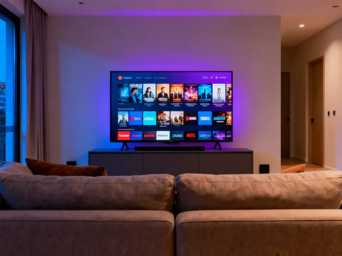 Telewizor smart TV z ekranem prezentującym rekomendacje filmów i seriali z różnych usług