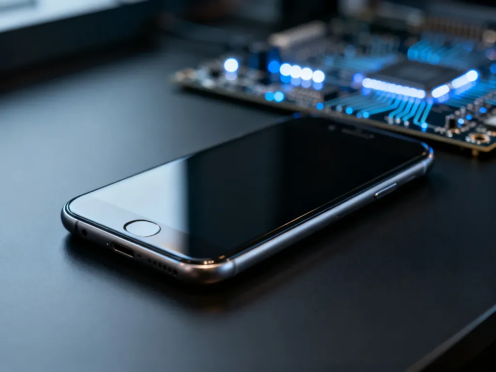 Nowoczesny smartfon na ciemnym biurku na tle podświetlonego układu scalonego, symbolizującego podzespoły urządzenia.