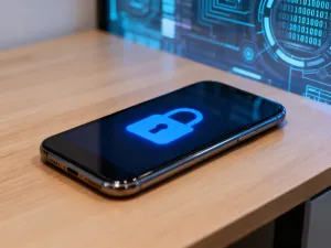 Zbliżenie na obiektyw aparatu iPhone’a 15 z widocznymi refleksami nieba, podkreślające nowoczesną technologię fotograficzną.